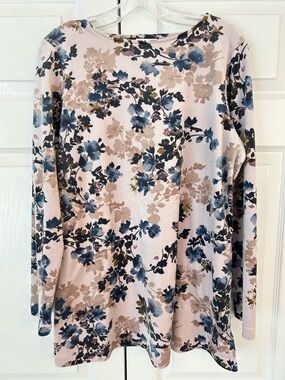 NWOT J.Jill Purejill Women’s Blue Flower Print Slit Tunic Blouse Shirt Size M